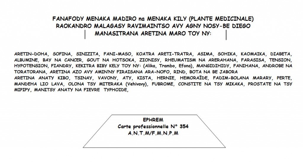 Copia del volantino diffuso a Betanatanana dal guaritore Ephrem